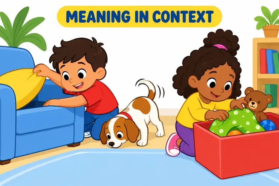 A cartoon scene shows root about in a sentence through an everyday action that makes its meaning clear.