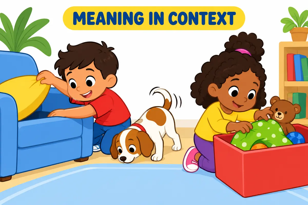 A cartoon scene shows root about in a sentence through an everyday action that makes its meaning clear.