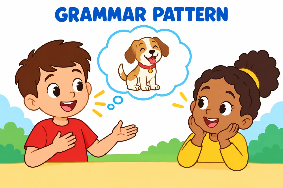 A cartoon scene illustrates the grammar of root about in a familiar everyday situation.