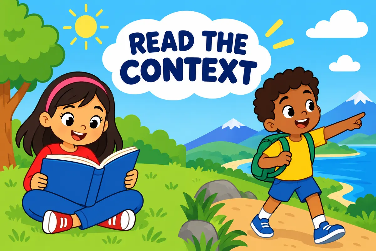 A cartoon comparison shows two contexts that clarify the meaning of root about.