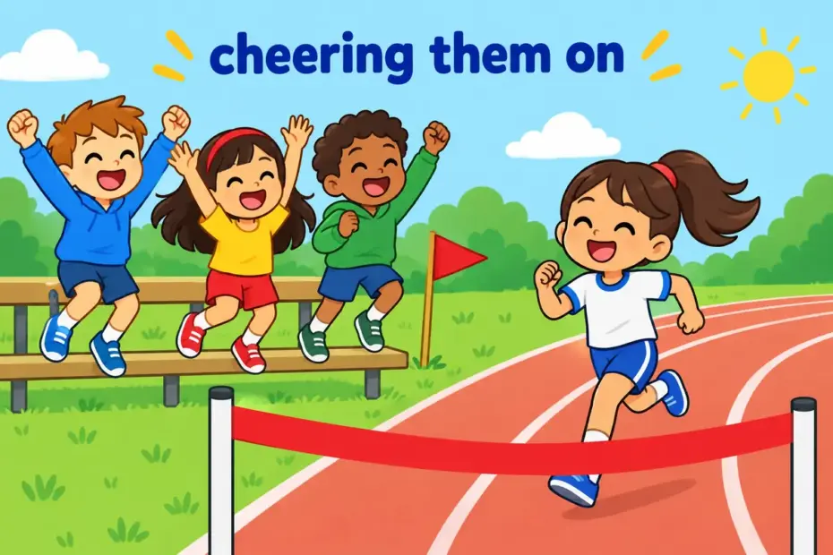 Cartoon children on a bench cheer for a classmate racing on a track, showing root for in a sentence as support.