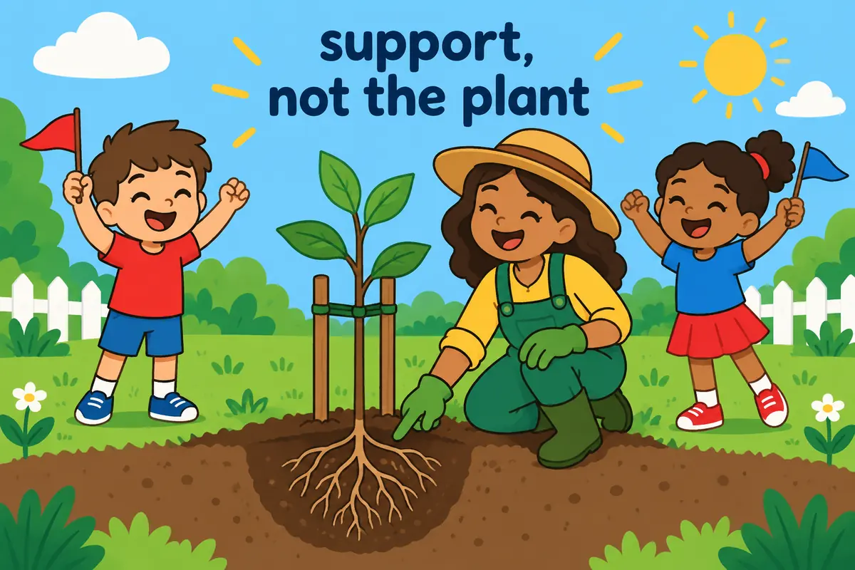 A single cartoon scene contrasts children cheering at a match with a gardener pointing to a plant root underground.
