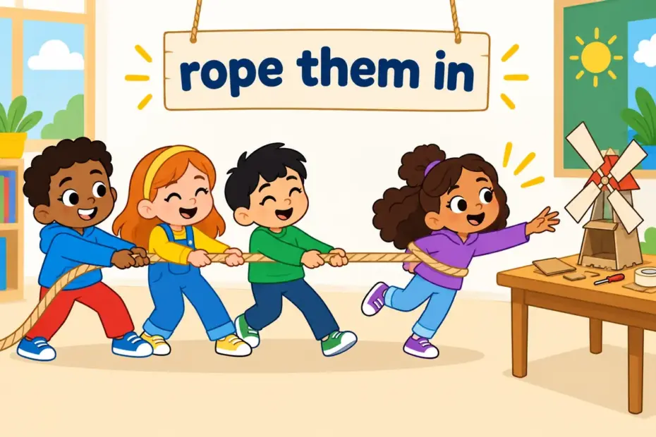Cartoon children pull a smiling friend into a classroom project, showing rope in in a sentence as enlisting help.