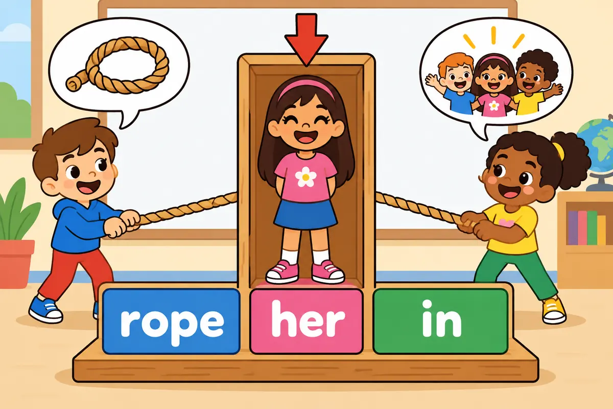 Three cartoon children slot a friend between the verb and its particle to show the word order rope her in.