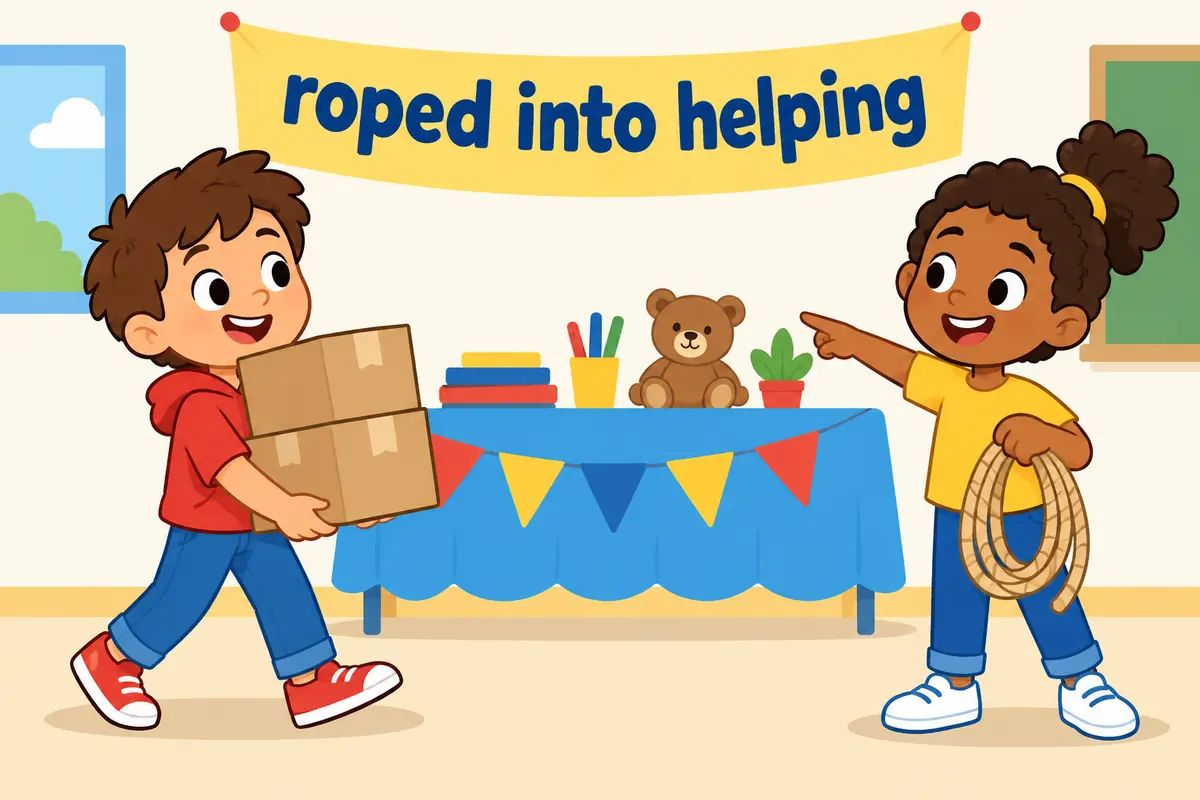 A cheerful cartoon helper carries boxes to a classroom stall after being gently roped into helping.