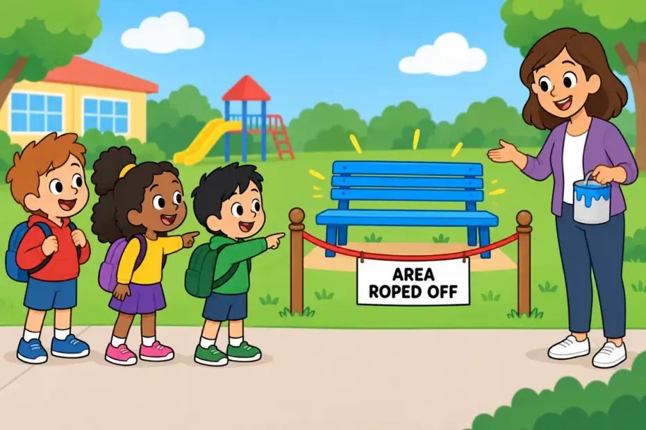 Cartoon children stop politely at a rope barrier around a freshly painted bench, showing rope off in a sentence as a temporary closure.