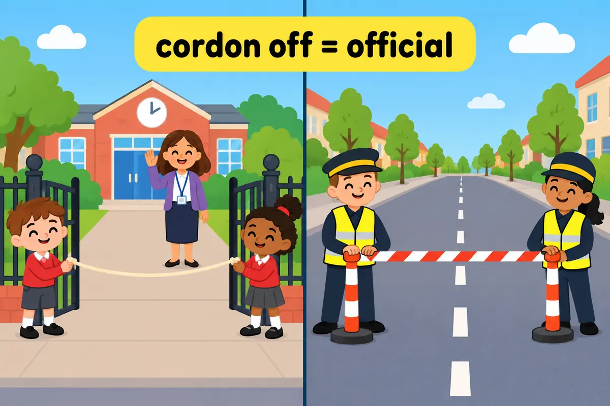 A cartoon split scene contrasts children holding a light rope at a school gate with uniformed officers placing a barrier across a street.