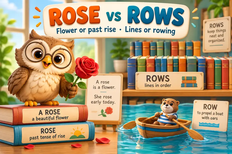 Rose means a flower or past rise; rows means lines or rowing.