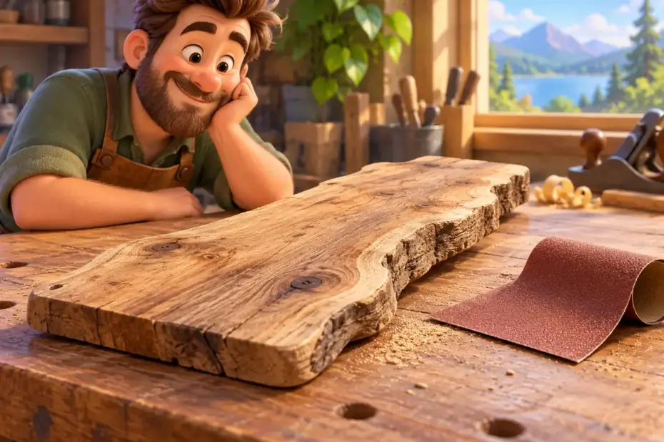 An uneven wooden board rests beside sandpaper.