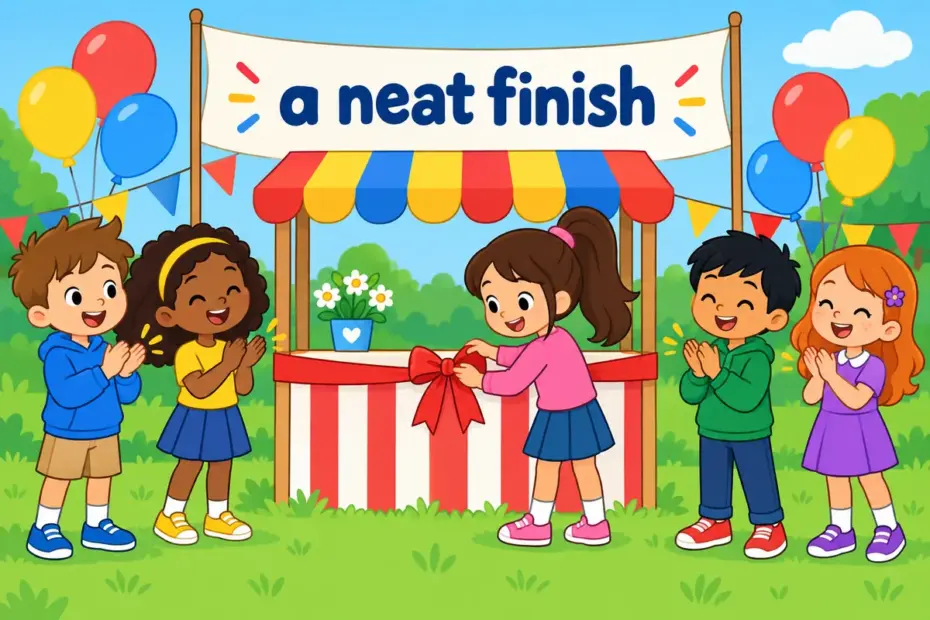 Cartoon children round off a school fair by releasing balloons, showing round off in a sentence as a neat finish.