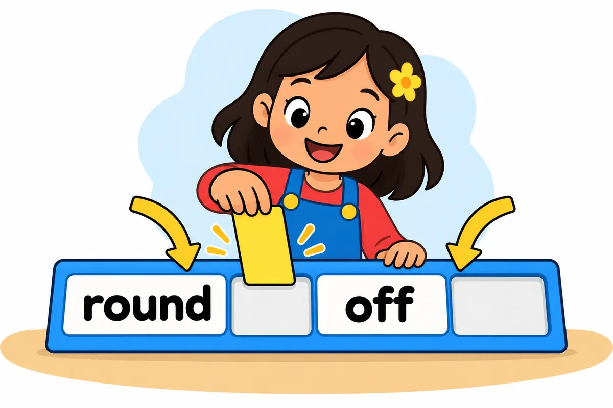 A cartoon board shows an object sliding either after the whole verb round off or between round and off.