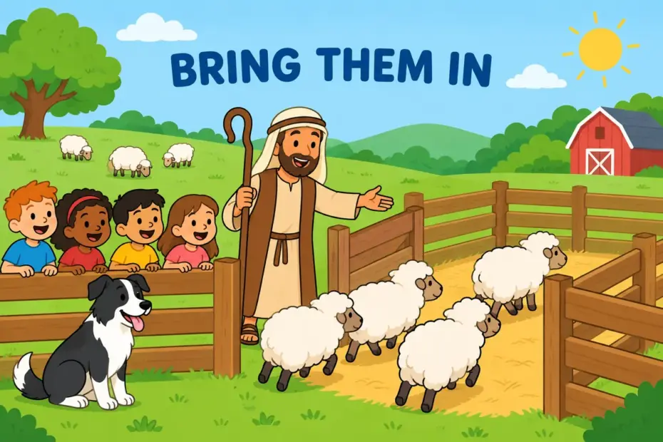 A cartoon shepherd guides scattered sheep through a gate into one pen, showing round up in a sentence as gathering a group.