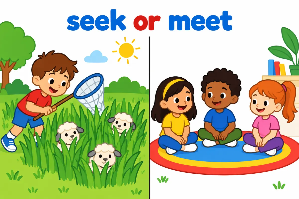 A split cartoon contrasts a child searching a field for scattered toy sheep with children walking calmly together to one spot.