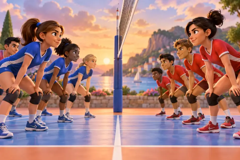 Two sports teams stand on opposite sides of a court.