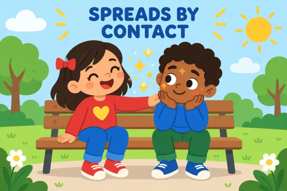 Cartoon children share a bright mood on a bench, showing rub off on in a sentence as a quality spreading by contact.