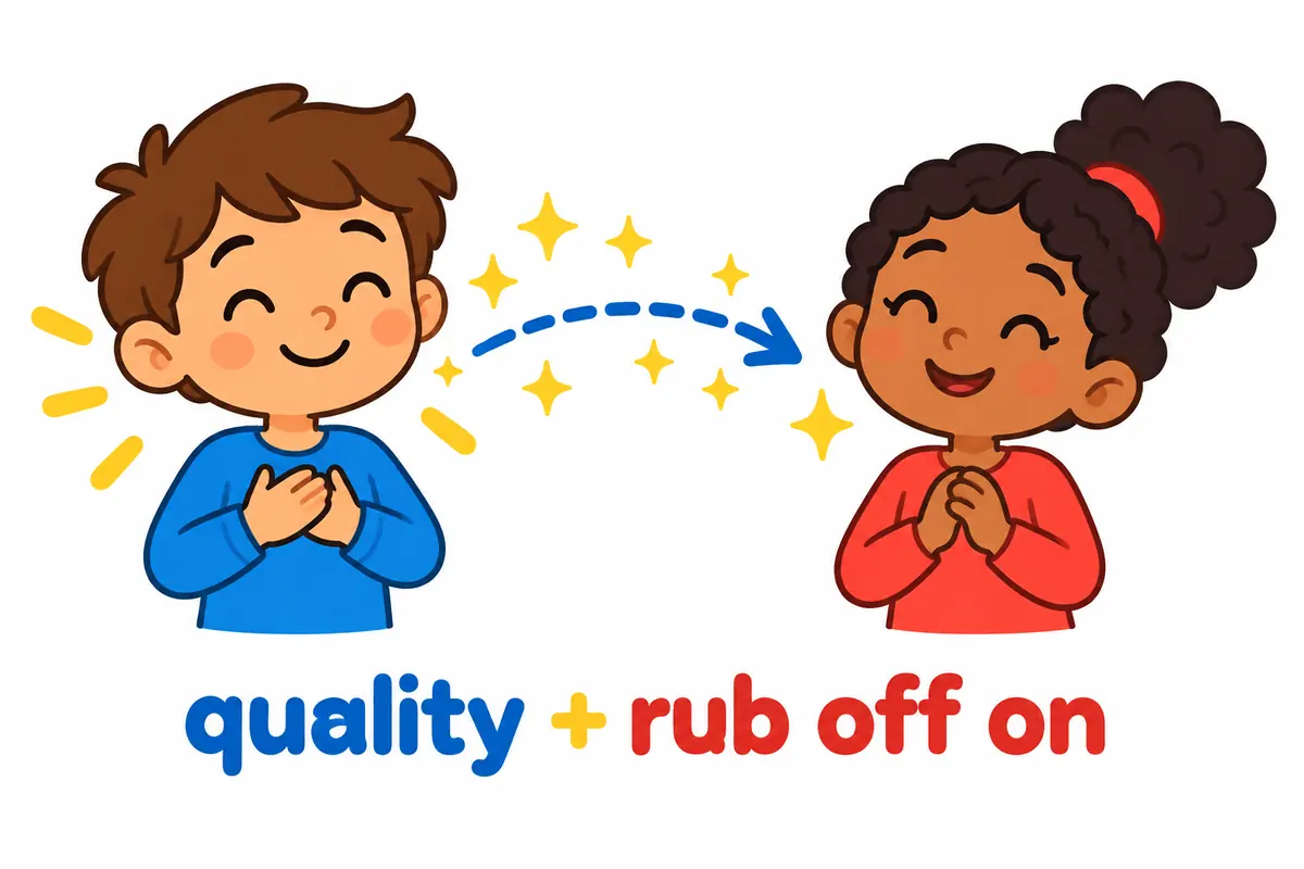 A cartoon child stands beside a smiling friend, and small sparkle shapes drift from one to the other.