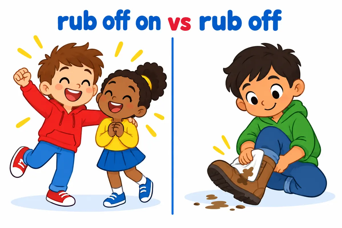 A cartoon split scene contrasts a child sharing a cheerful mood with a child wiping a muddy mark off a boot.