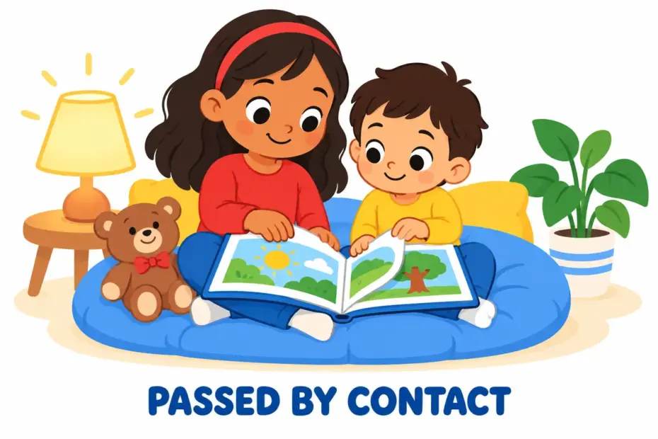 Cartoon friends share a book and a smile in a cosy reading nook, showing rub off in a sentence as a habit passing through closeness.