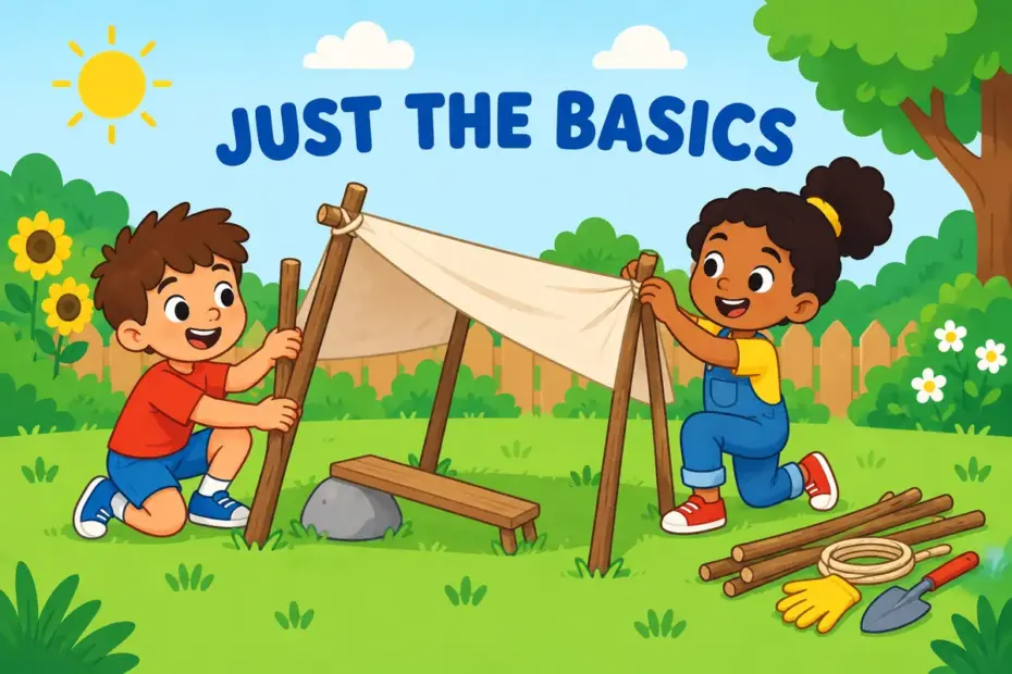 Cartoon children build a simple stick shelter in a garden, showing rudimentary in a sentence as an early, basic structure.
