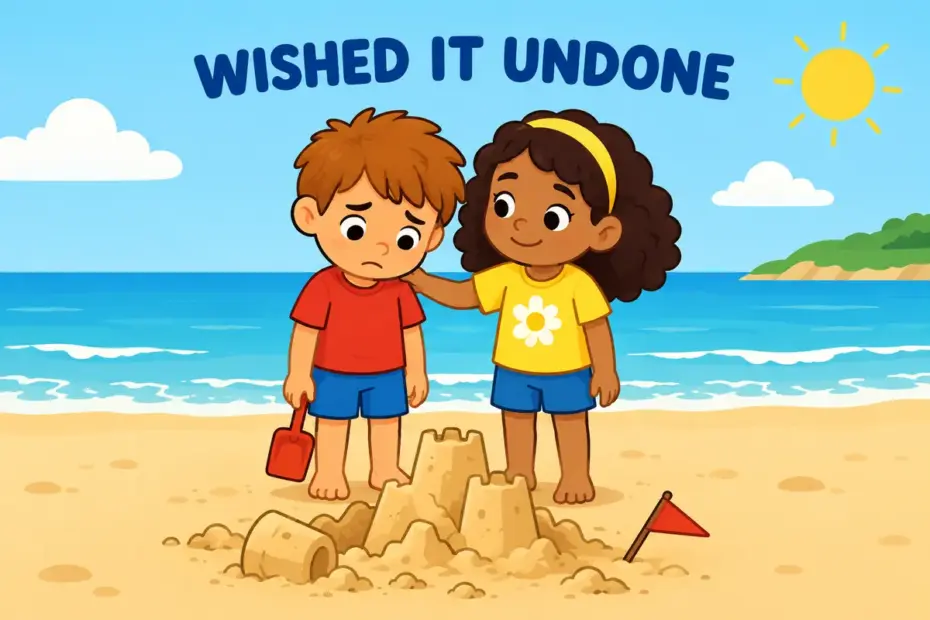 Cartoon children look back at a sandcastle they knocked over, showing rue in a sentence as regretting an act already done.