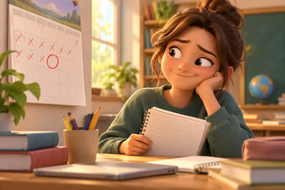 A student gives a rueful smile after noticing a missed deadline on a calendar.