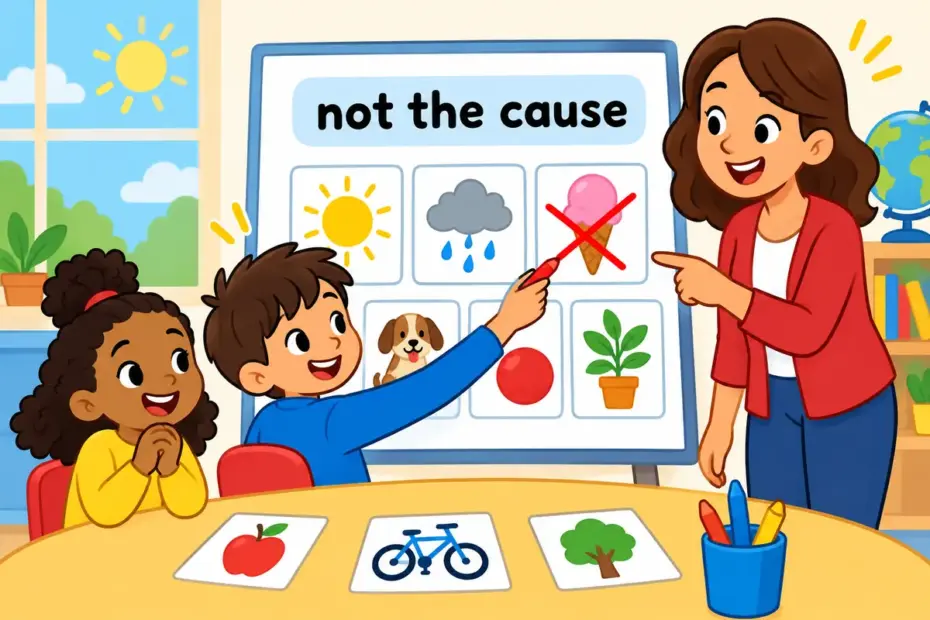 Cartoon children cross one cause card off a picture clue board, showing rule out as rejecting an option.