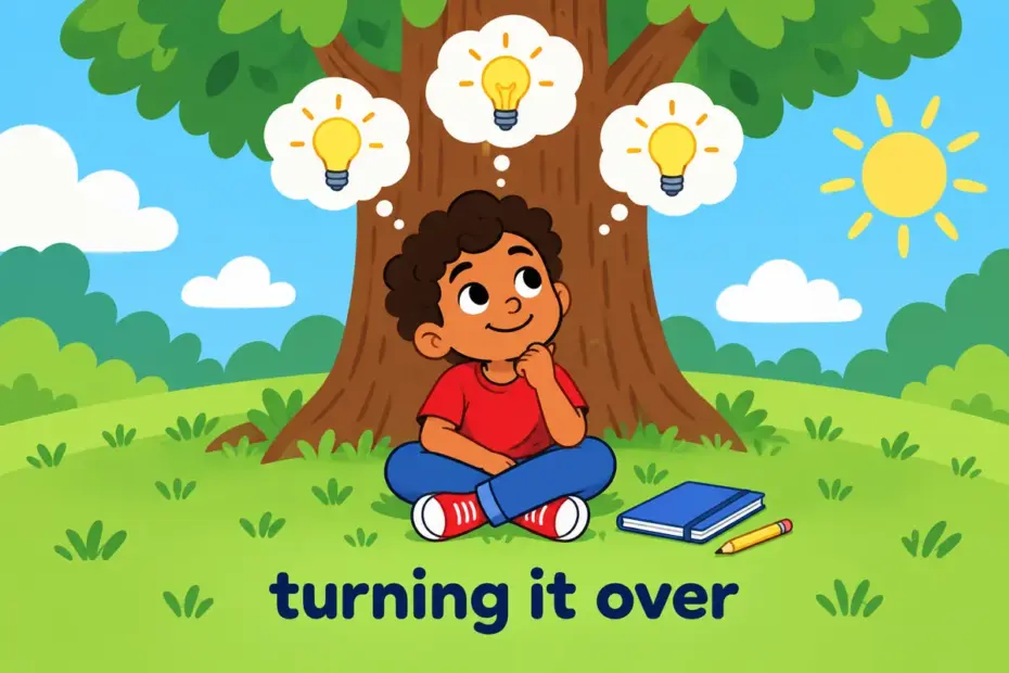 A cartoon child under a tree ponders a choice, showing ruminate in a sentence as slow, repeated thought.