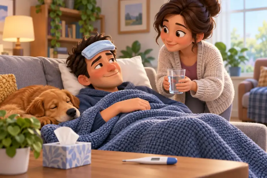 An adult rests at home with a thermometer nearby while a family member brings a glass of water.