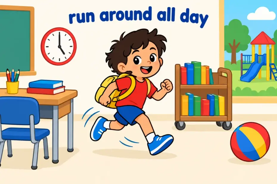 Cartoon pupils dash between places for run around in a sentence, showing busy movement with no single object.
