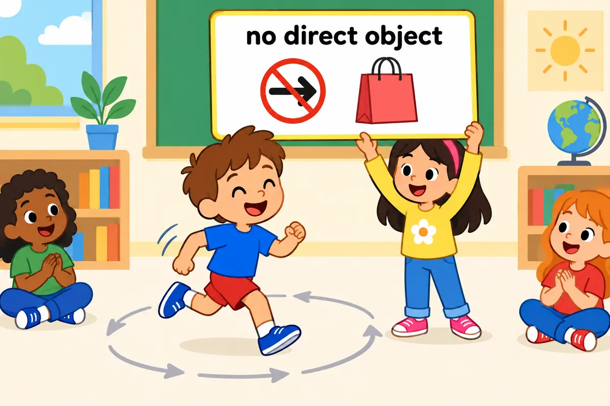A cartoon child dashes between a school desk, a library cart and a playground ball, illustrating the pattern run around plus a time phrase.