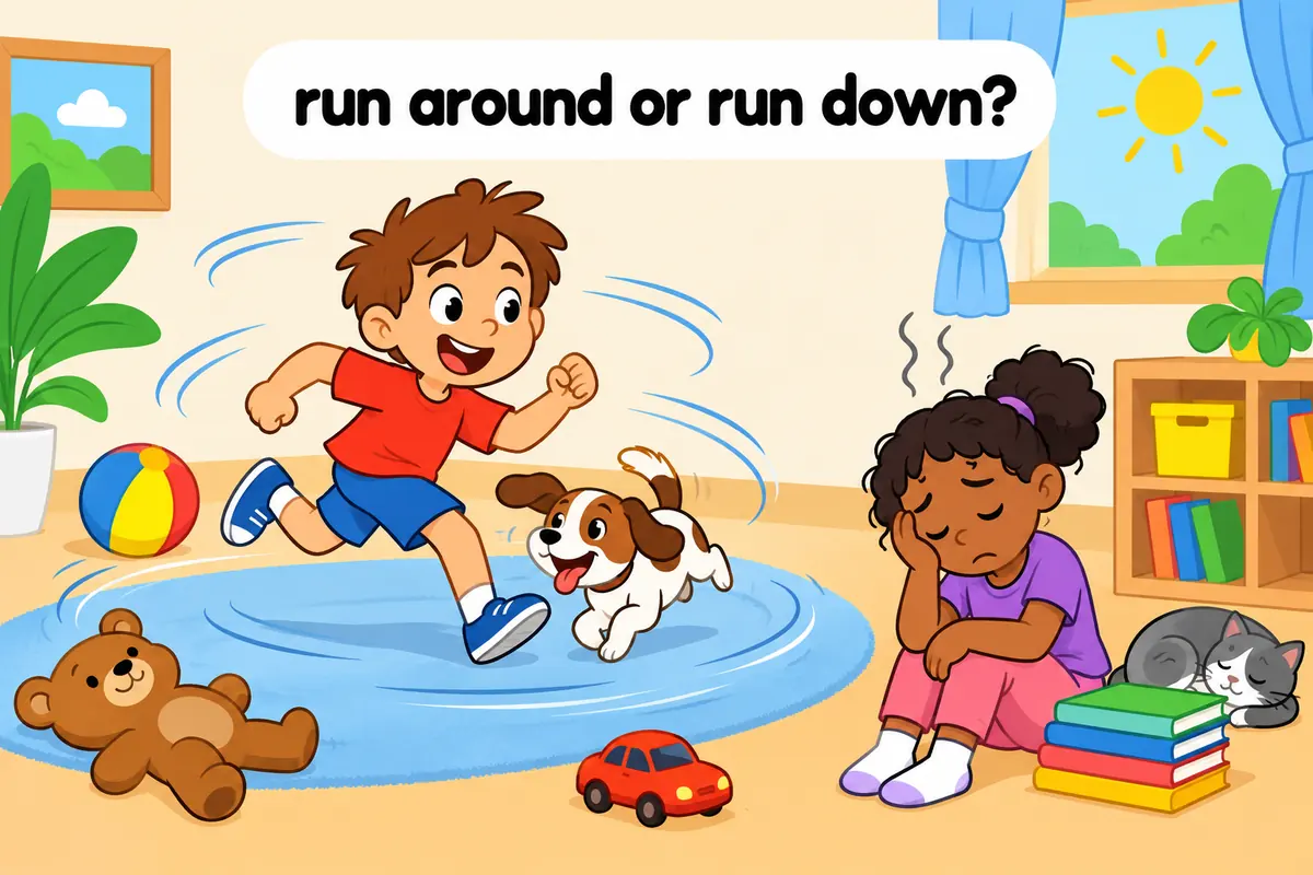 A cartoon scene sets a busy child running in circles beside a tidy child, separating run around from run down.
