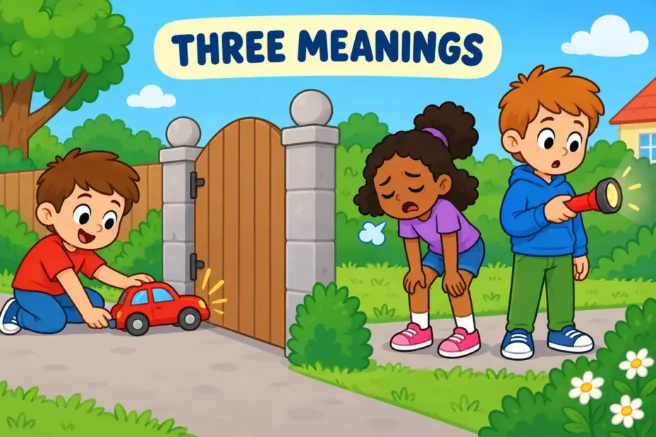 One unified cartoon scene show a toy car touching a gate and a torch dimming, illustrating run down in a sentence.