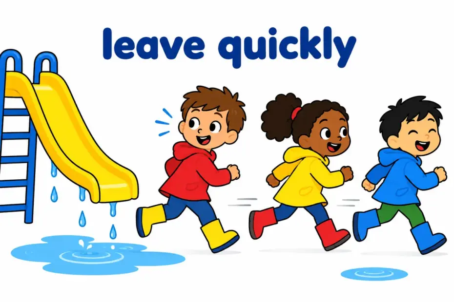 Cartoon children run off across a playground while rainwater runs off the slide, showing run off in a sentence as a quick departure.