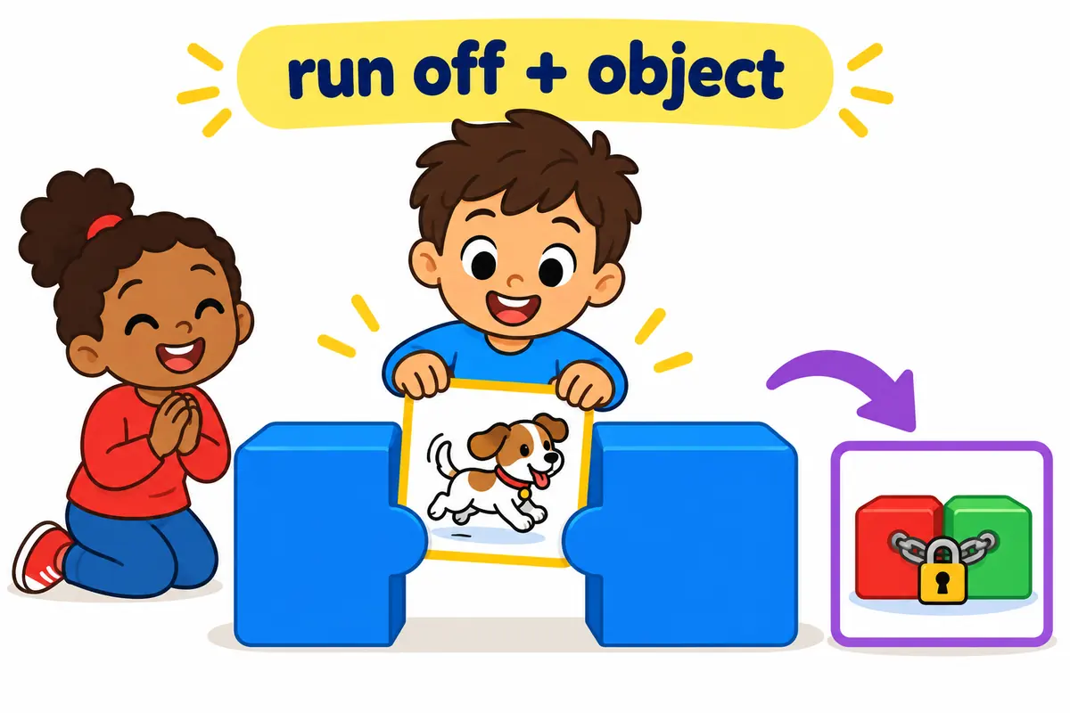 A cartoon child slides a picture card into the space between the words run and off while a second card shows the two words locked together.