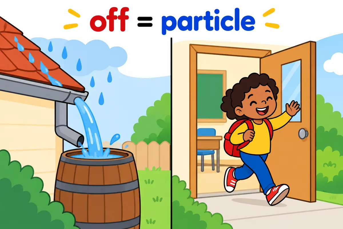 A cartoon scene compares a liquid flowing off a roof with a child leaving a room, showing two different jobs of the same phrase.