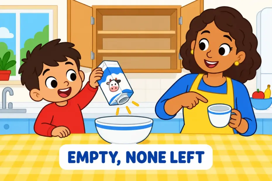 A cartoon child holds an empty milk carton upside down beside an empty cupboard, showing run out in a sentence as a finished supply.