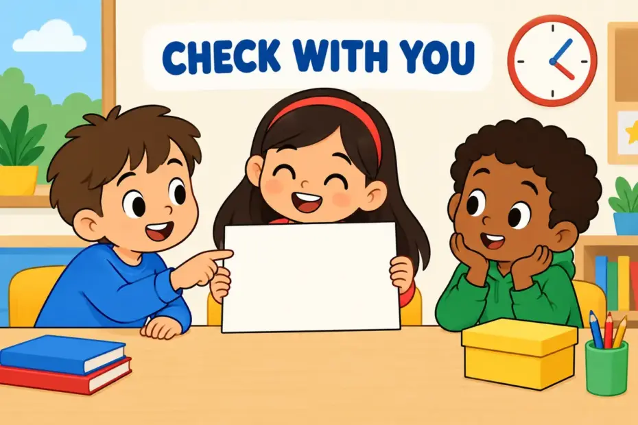 Cartoon children show a plan card to a friend, illustrating run this by you in a sentence as a pre-decision check.