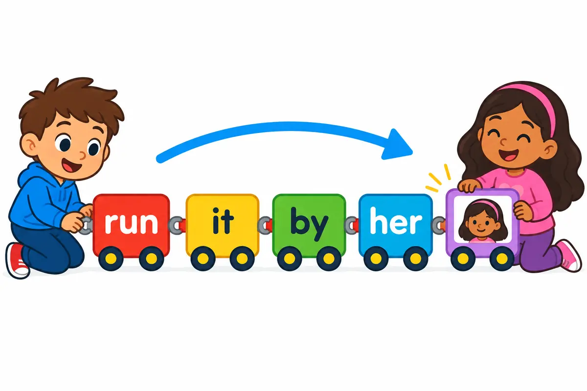 A cartoon word train shows a card slot taking an object before by and a person after it.