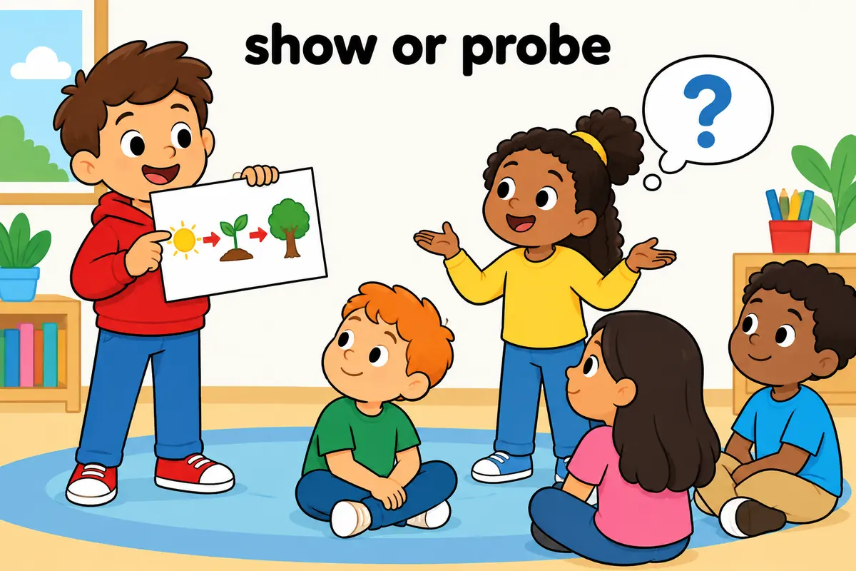 A single unified cartoon scene contrasts a child holding a finished plan card with a child asking a group a vague question.