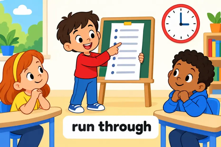 A cartoon presenter reads a long checklist aloud while children follow each line, showing run through in a sentence as a quick review.