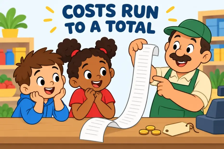 Cartoon children watch a shop receipt grow longer, illustrating run to in a sentence as a cost reaching a total.