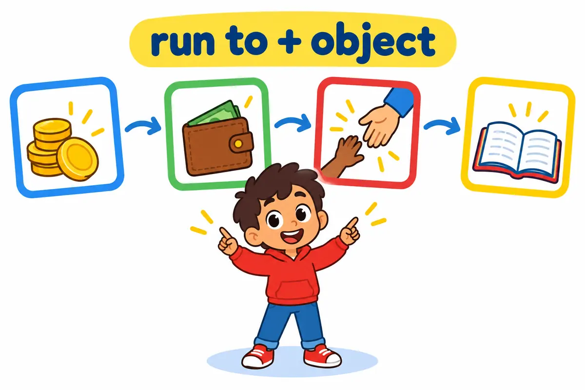 Four cartoon cards show a total, a wallet, a parent and a book, all linked by the joined words run to.