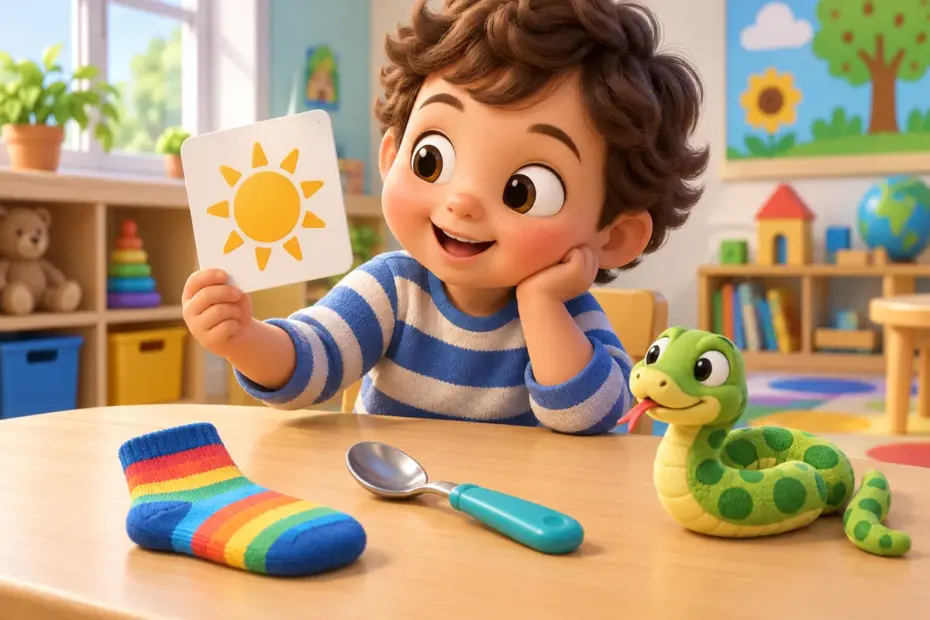A young child explores a sun picture, sock, spoon, and toy snake.