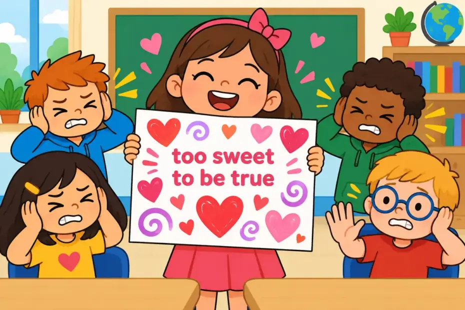 Cartoon children react to an over-sweet card for saccharine in a sentence, showing sentiment that feels fake and forced.