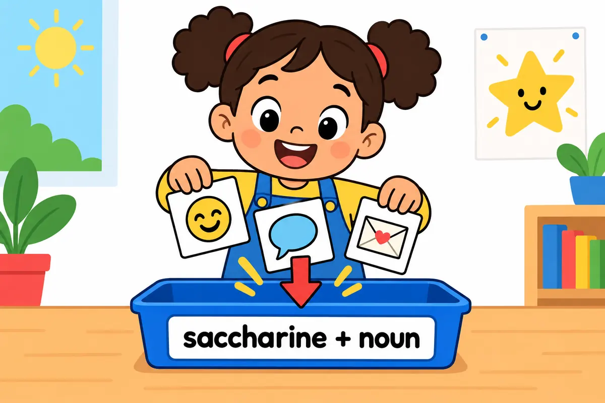 A cartoon card overflows with painted hearts and a smiling face, illustrating the pattern saccharine plus a noun such as tone.
