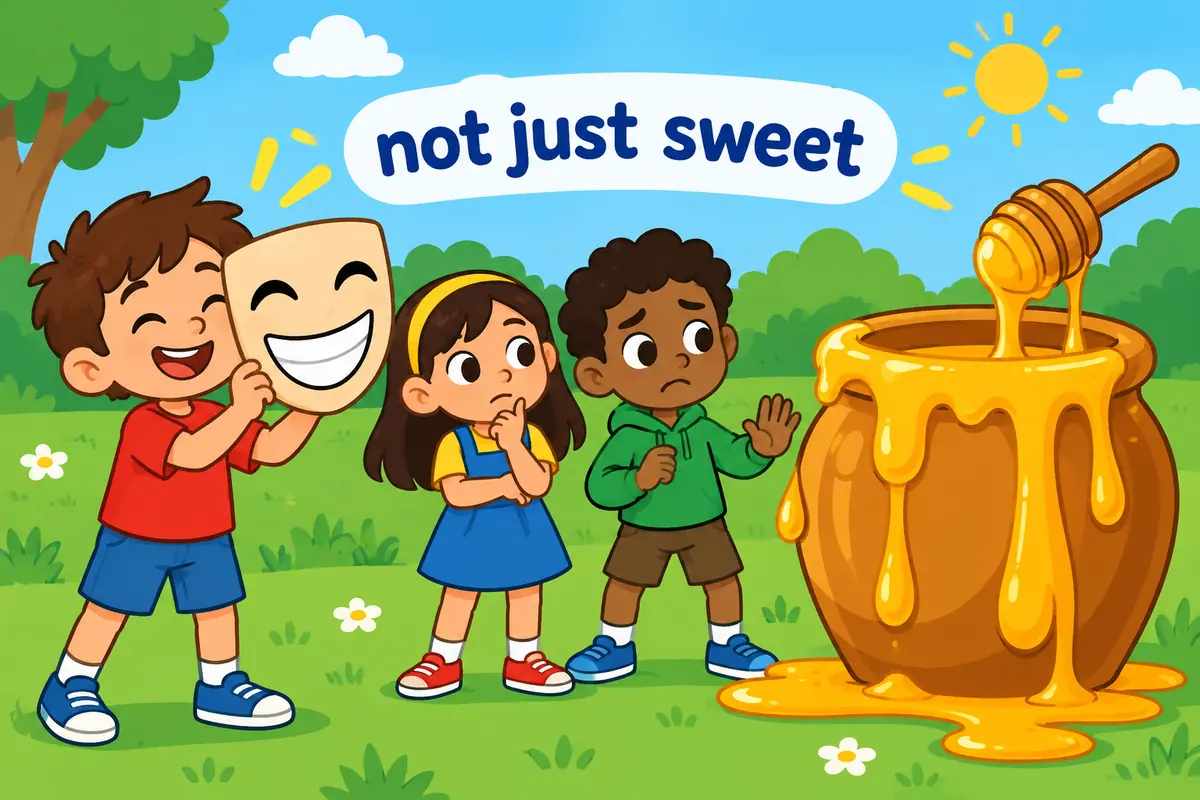 One unified cartoon scene illustrates Saccharine suggests fake sweetness, while cloying suggests sweetness that sickens.