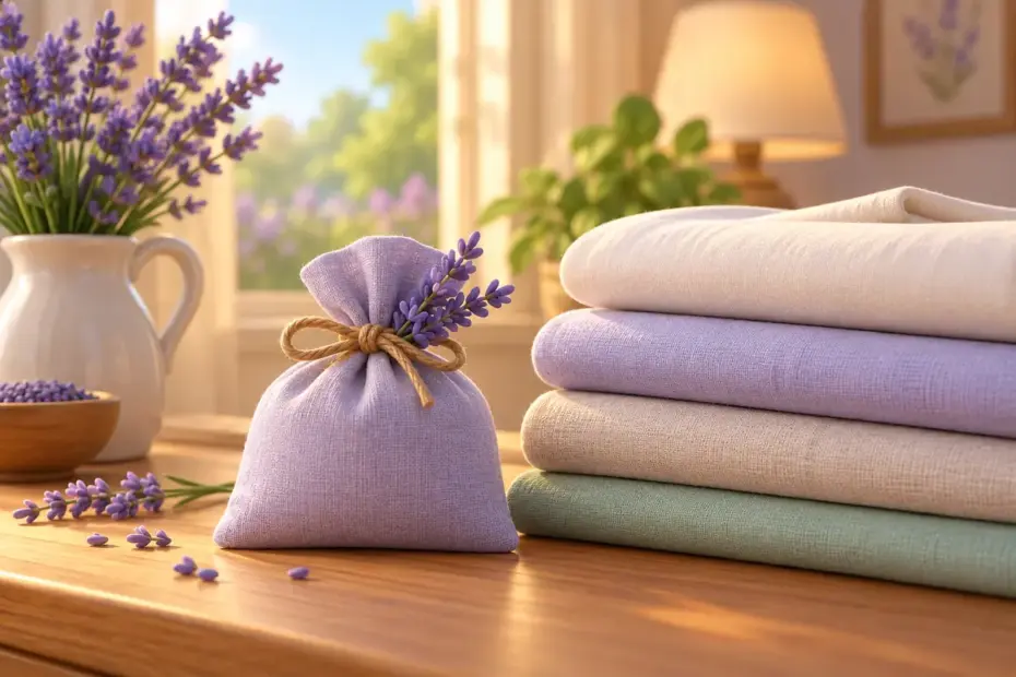 A small lavender sachet beside folded linen.