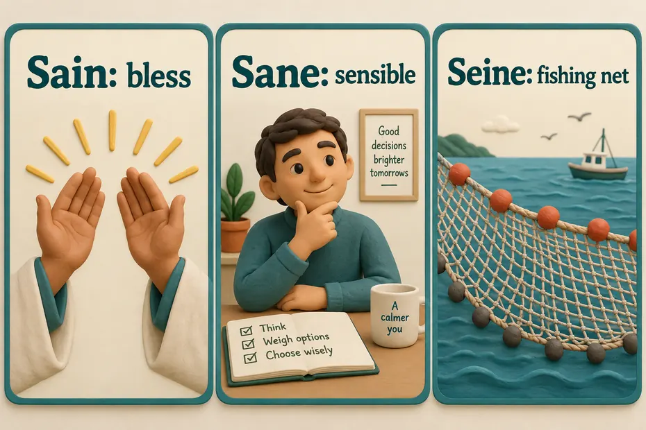 Sain means bless, sane means sensible, and seine means fishing net.