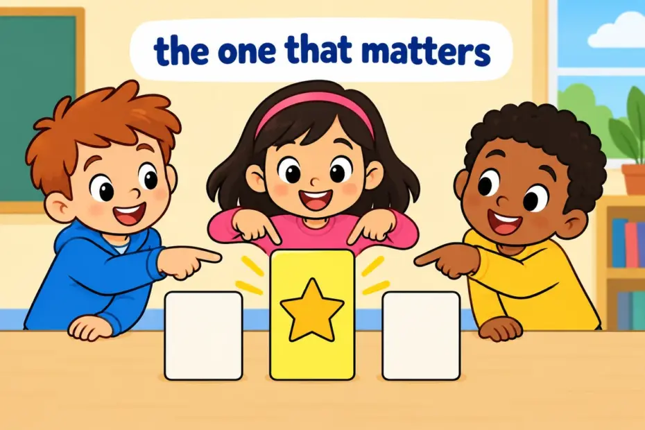 Cartoon pupils point to one tall bold card among many, illustrating salient in a sentence as the point that stands out.