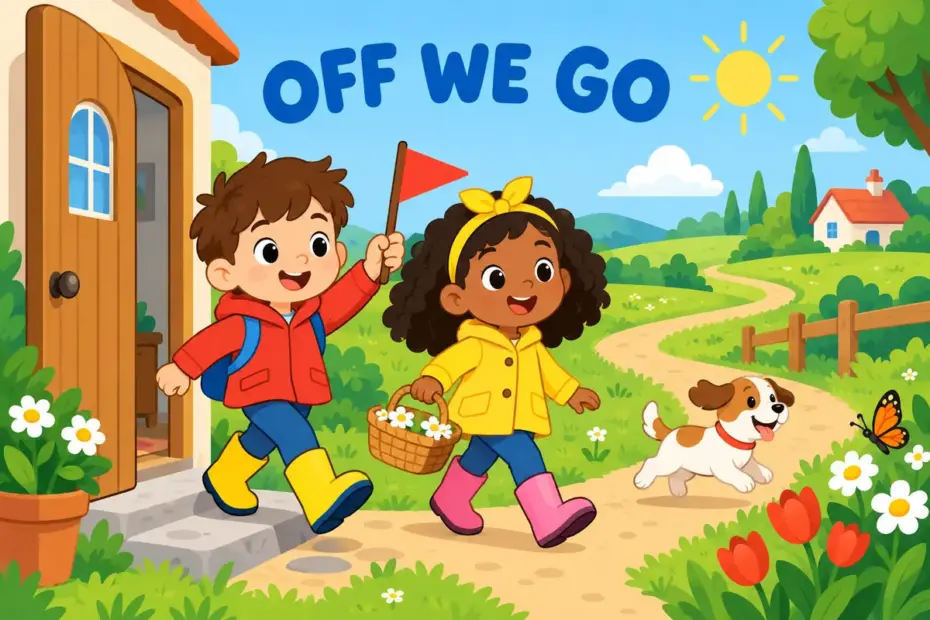Cartoon children stride through a doorway into a sunny garden, showing sally forth in a sentence as an energetic departure.